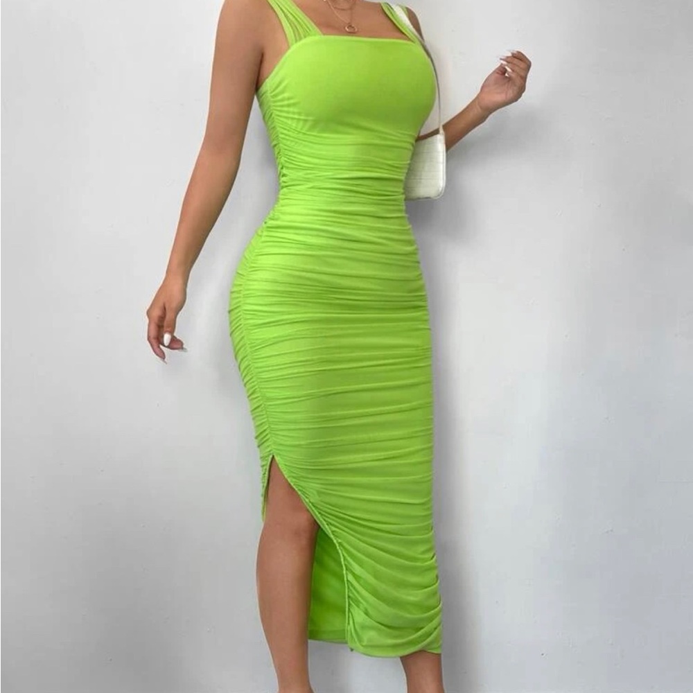 Green Ruched Slit Hem Mesh Bodycon Dress